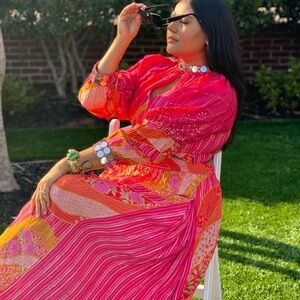 Hot pink printed Indo western